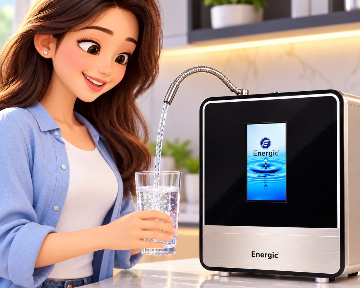 Woman filling a glass with alkaline water from an Energic water ionizer